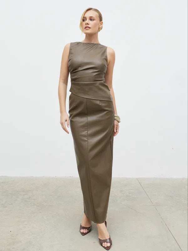 Maeve High Neck Faux Leather Top (Khaki)