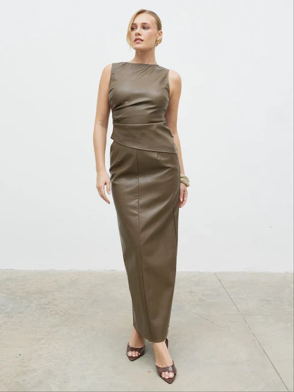 Maeve High Neck Faux Leather Top (Khaki)