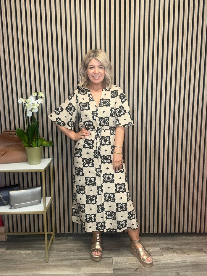 Majella Printed Midi Dress (Sandshell/Black)