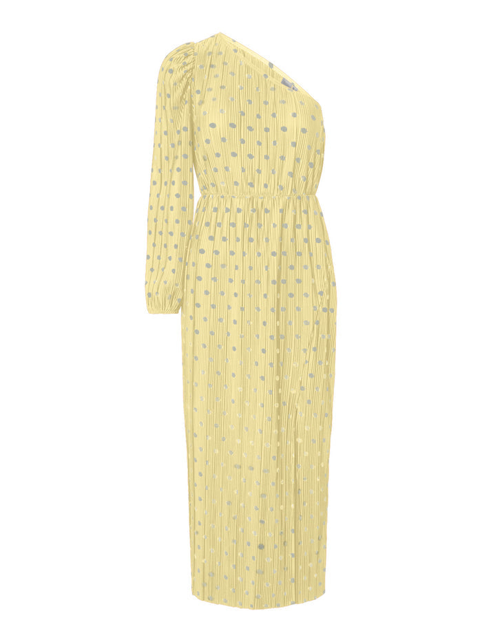 Marlowe Plisse Polka Dot Midi Dress (French Vanilla/Silver)