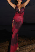 Metal Ring Cami Ruffled Slit Bodycon Party Maxi Dresses-Red