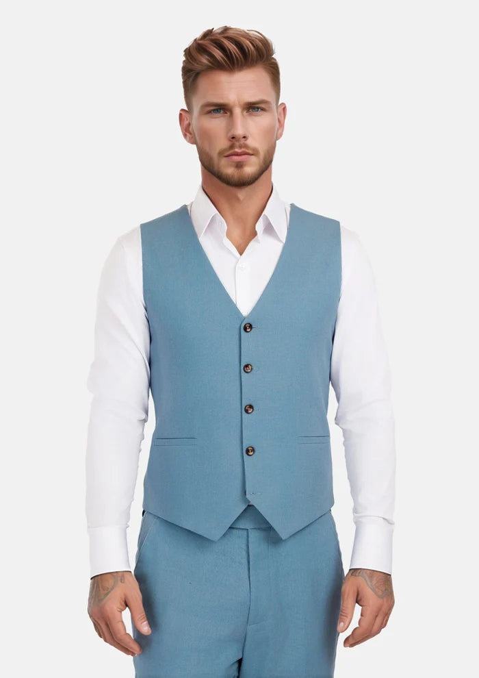 Mid Blue Linen Blend Vest - SARTORO
