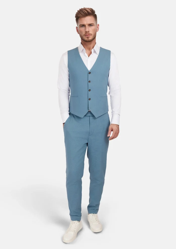 Mid Blue Linen Blend Vest - SARTORO