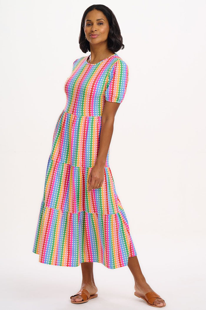 Minerva Jersey Tiered Midi Dress (Multi/Rainbow Circles)