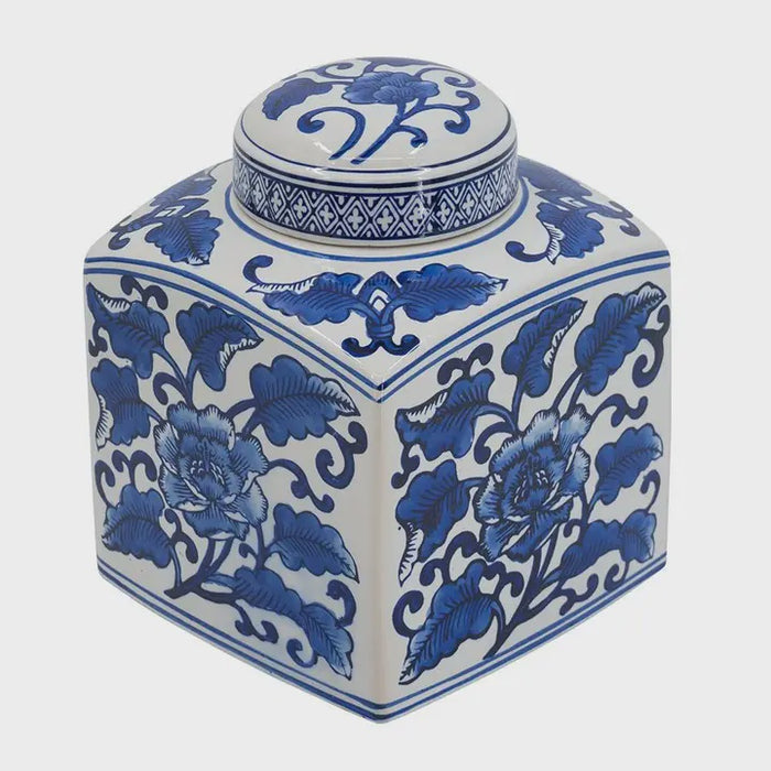 Ming-Inspired Square Ceramic Canister, Blue Floral