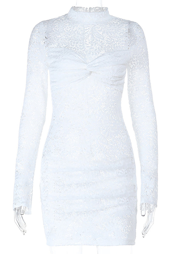 Mock Neck Long Sleeve Twisted Ruched Floral Lace Fitted Mini Dresses-White