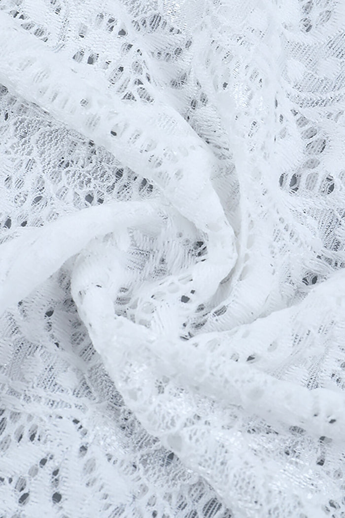 Mock Neck Long Sleeve Twisted Ruched Floral Lace Fitted Mini Dresses-White