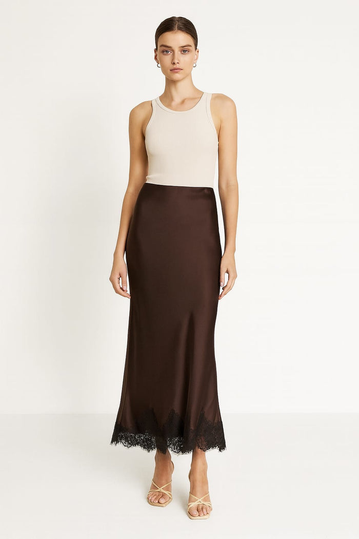 Nadine Faux Satin Skirt (Seal Brown)
