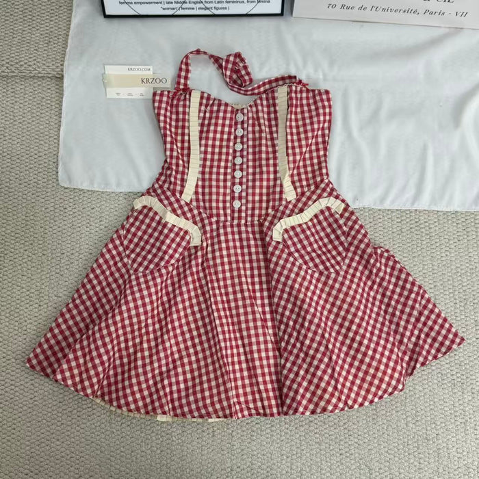 Neck-wrap color-block checked dress