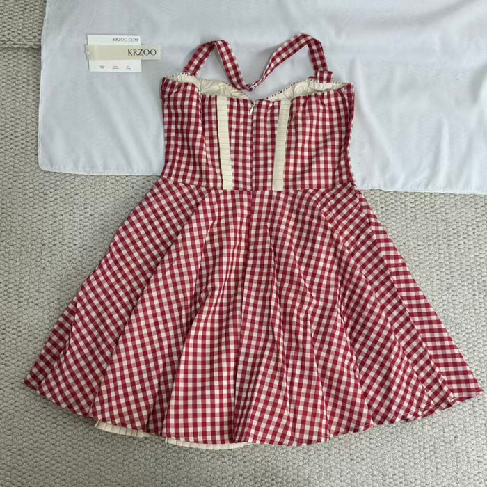 Neck-wrap color-block checked dress