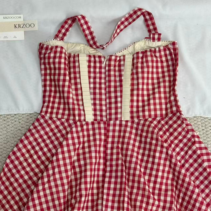 Neck-wrap color-block checked dress