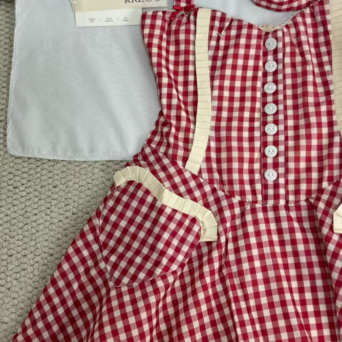Neck-wrap color-block checked dress