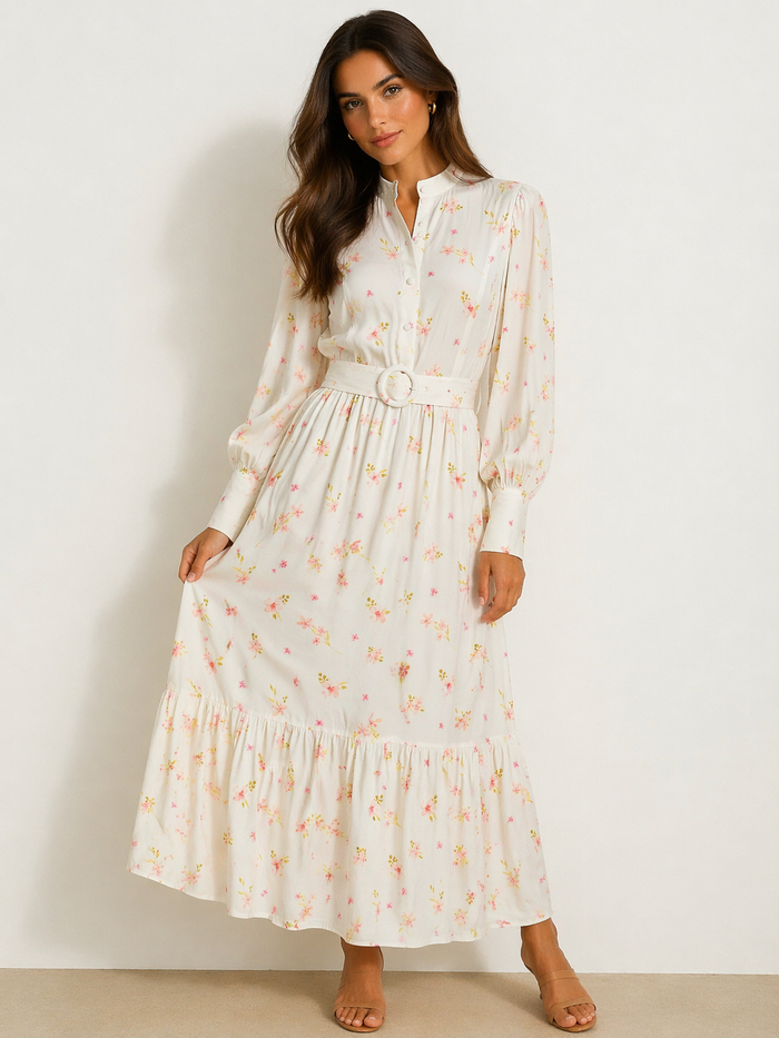 Nella Long Sleeve Midi Dress (Birch/Light Flower)