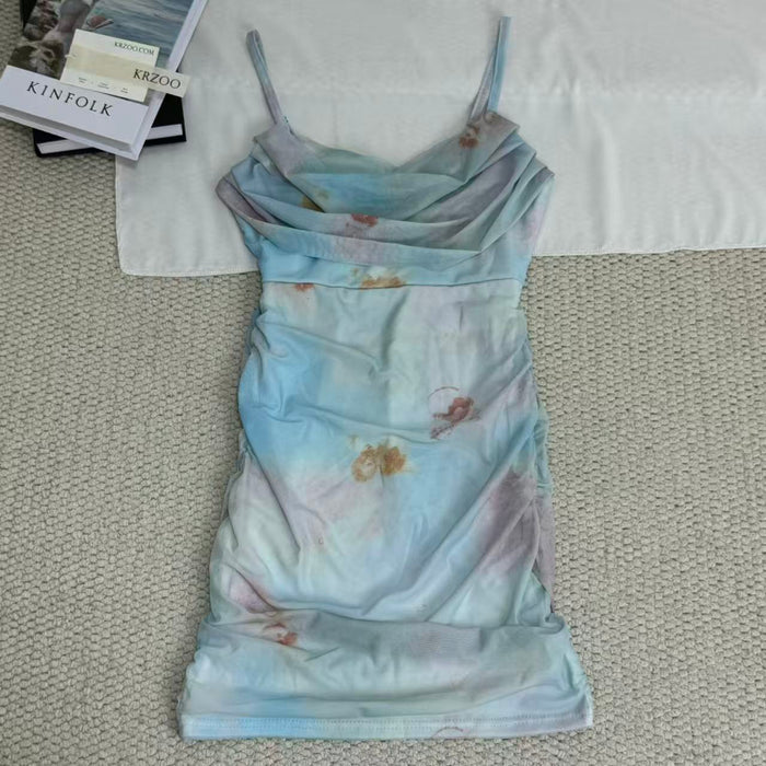 Net fabric printed halter-neck dress