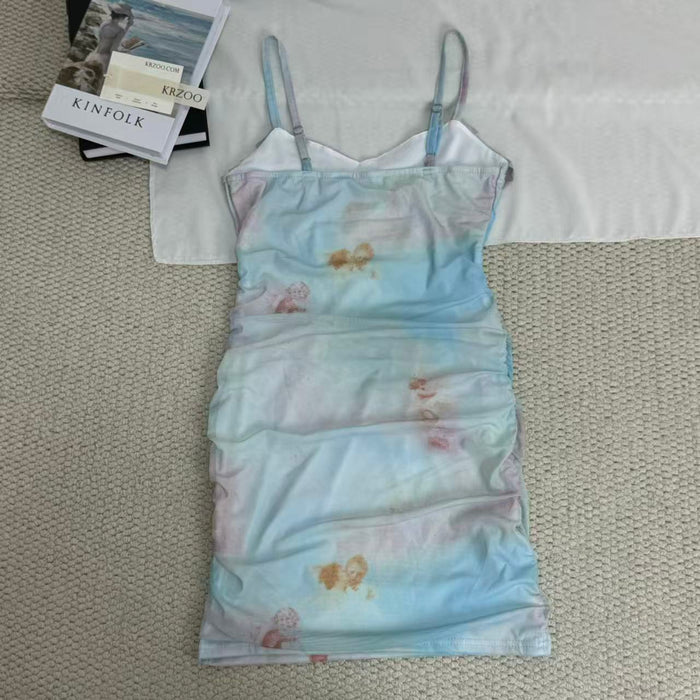 Net fabric printed halter-neck dress