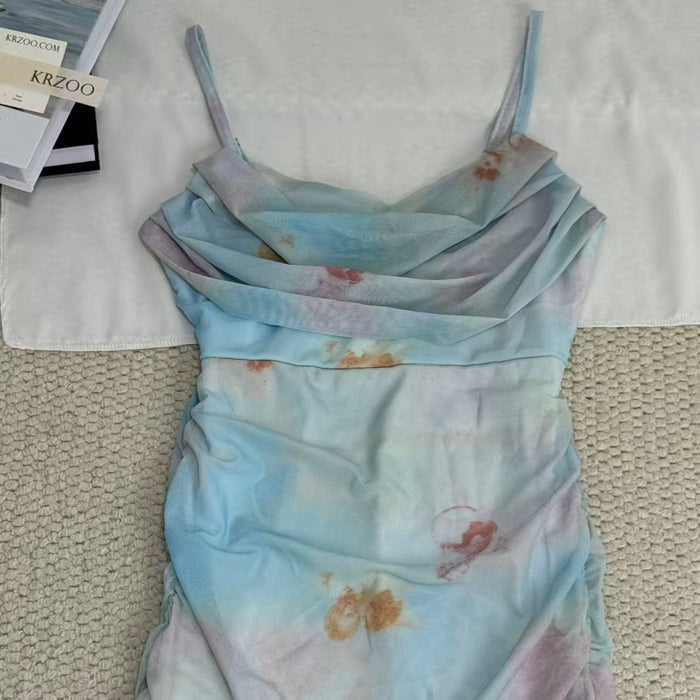 Net fabric printed halter-neck dress
