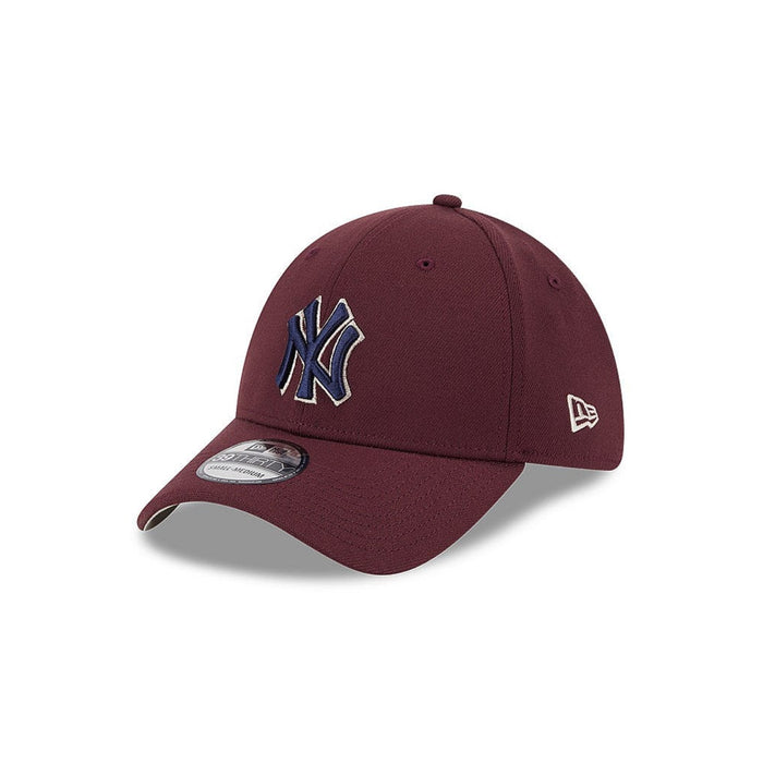 Maroon baseball cap with a logo on a white background