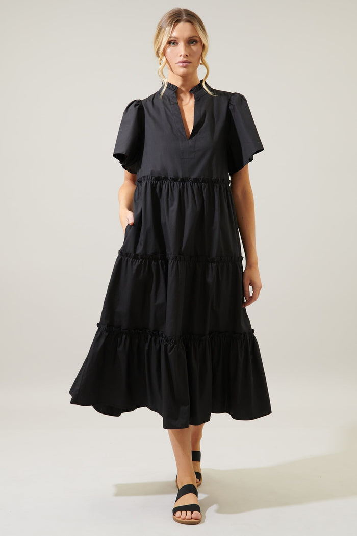 Noelle Split Neck Poplin Tiered Midi Dress in Black
