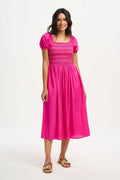 Octavia Midi Shirred Dress (Dark Pink Rainbow Shirring)
