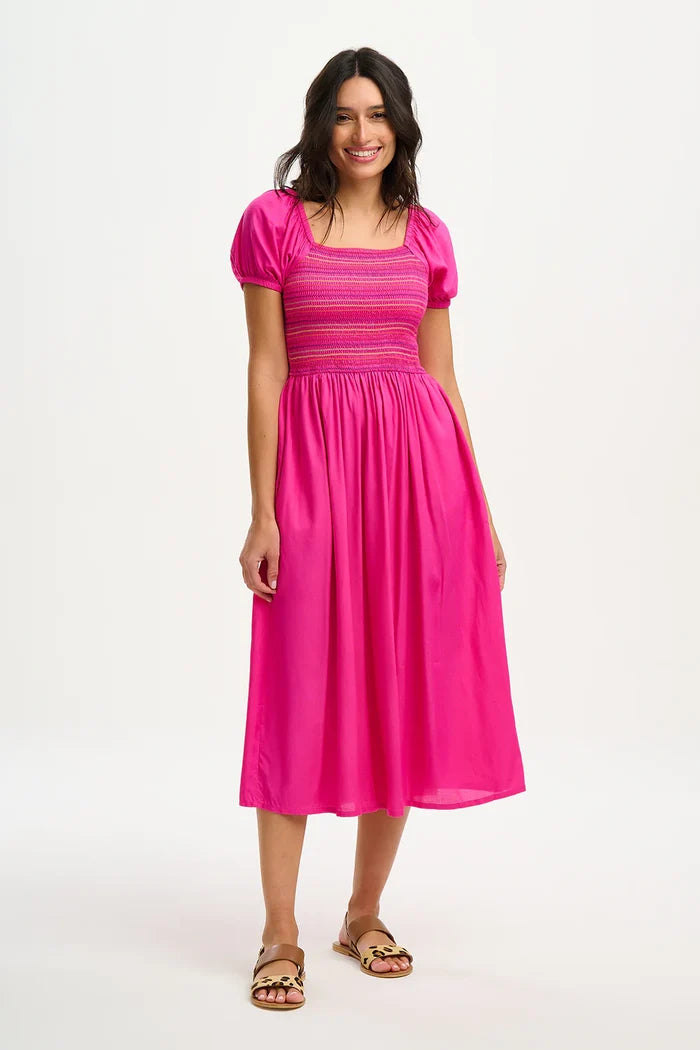 Octavia Midi Shirred Dress (Dark Pink Rainbow Shirring)