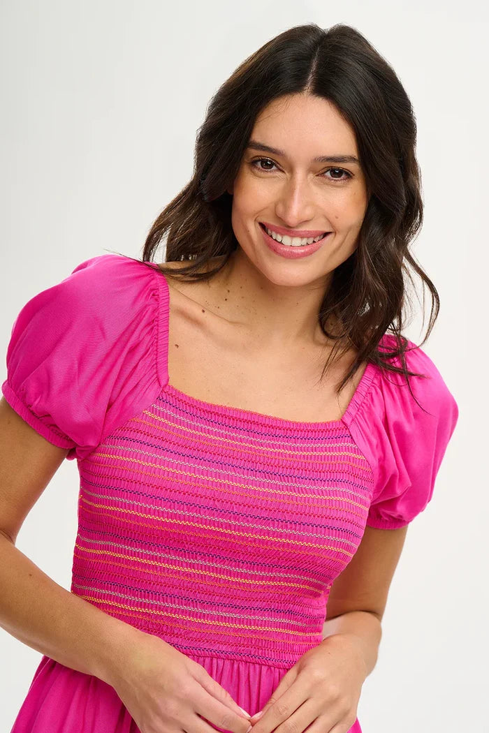 Octavia Midi Shirred Dress (Dark Pink Rainbow Shirring)
