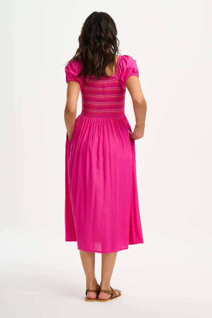 Octavia Midi Shirred Dress (Dark Pink Rainbow Shirring)