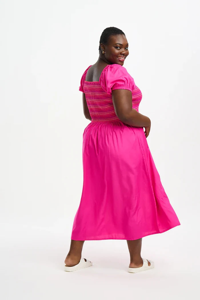 Octavia Midi Shirred Dress (Dark Pink Rainbow Shirring)