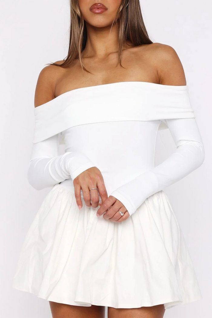 Off Shoulder Boat Neck Long Sleeve Cinch Waist Solid Color Mini Dresses-White