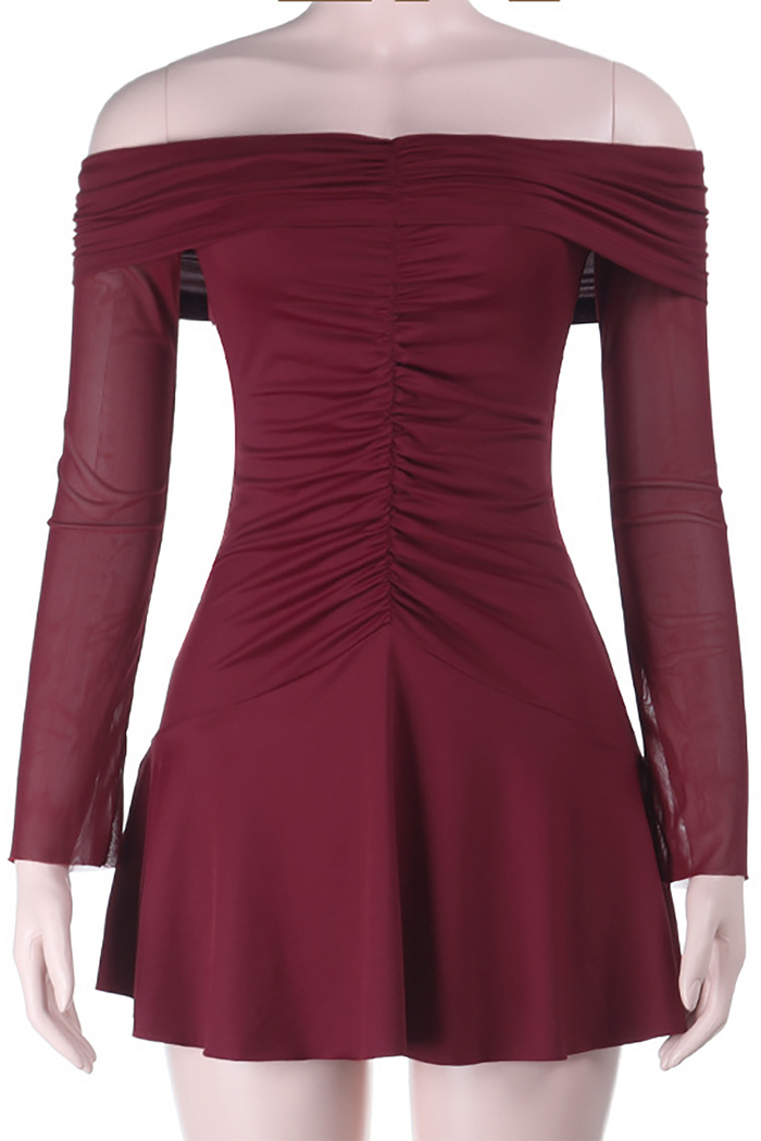 Off Shoulder Boat Neck Long Sleeve Ruched Mini Dresses-Burgundy