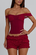 Off Shoulder Cinch Waist Top Shirred Mini Skirt 2pcs Set-Red Pre Order