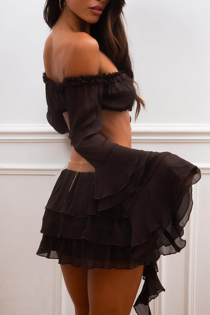 Off Shoulder Crop Top Ruffle Sash Mini Skirt 2pcs Set-Black Pre Order