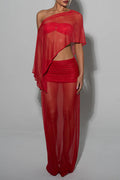 Off Shoulder Irregular Top Fitted See Through Maxi Skirt Set-Red Pre Order