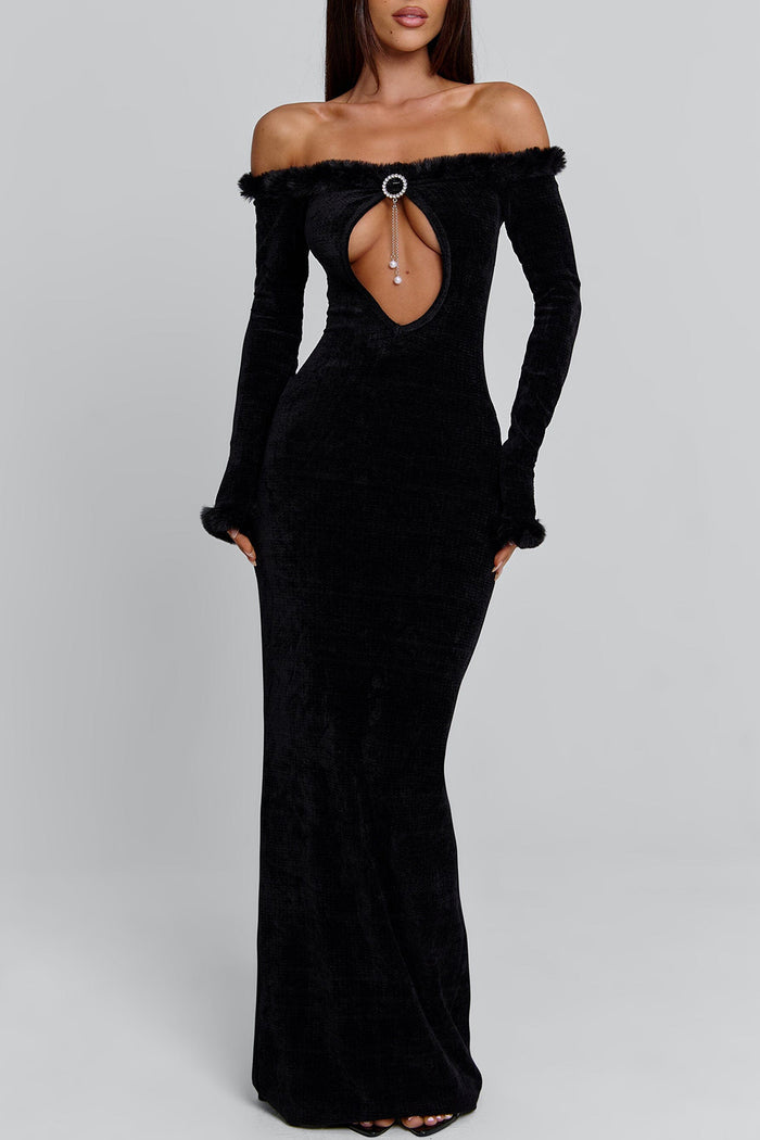 Off Shoulder Keyhole Neck Fuzzy Trim Velvet Maxi Dresses-Black Pre Order