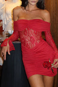 Off Shoulder Long Sleeve Lace Patchwork Ruched Fitted Mini Dresses-Red