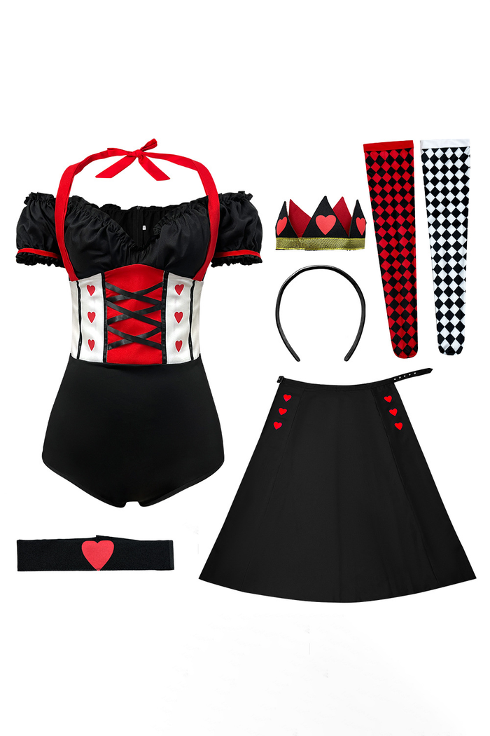 Off Shoulder Playsuit Romper Hearts Print Slit Maxi Skirt Halloween Set-Black