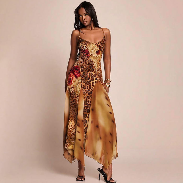 Off Shoulder Rosette Leopard Print Irregular Hem Maxi Dresses-Red Pre Order