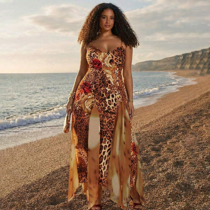 Off Shoulder Rosette Leopard Print Irregular Hem Maxi Dresses-Red Pre Order