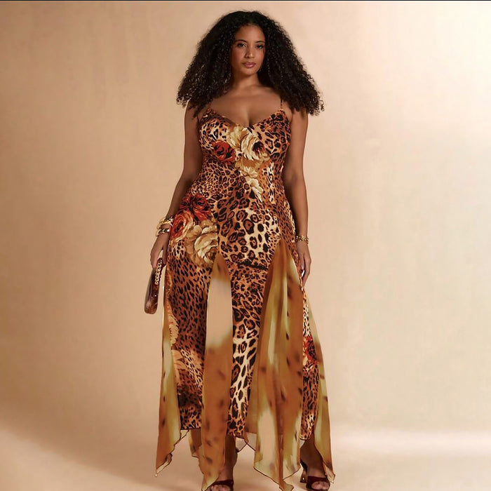 Off Shoulder Rosette Leopard Print Irregular Hem Maxi Dresses-Red Pre Order