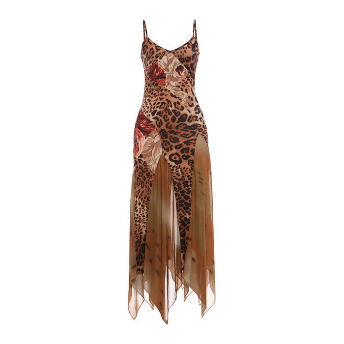 Off Shoulder Rosette Leopard Print Irregular Hem Maxi Dresses-Red Pre Order