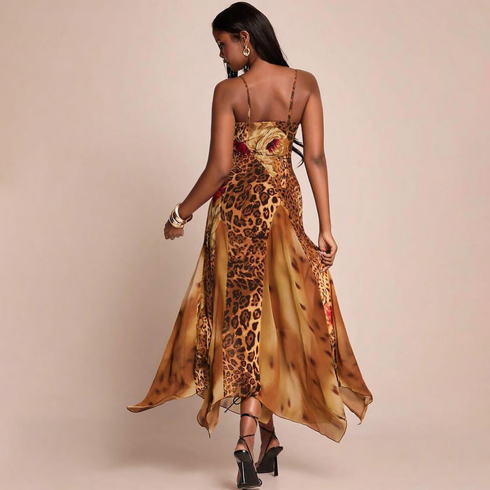 Off Shoulder Rosette Leopard Print Irregular Hem Maxi Dresses-Red Pre Order