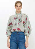 Oliphant Ruffle Front Button Top in Bloom Rhubarb