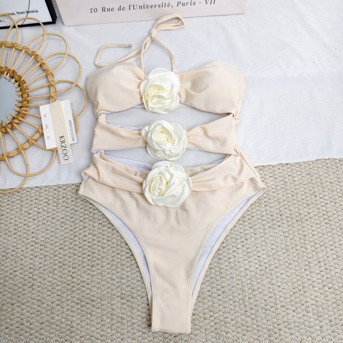 One-piece solid-color floral swimsuit