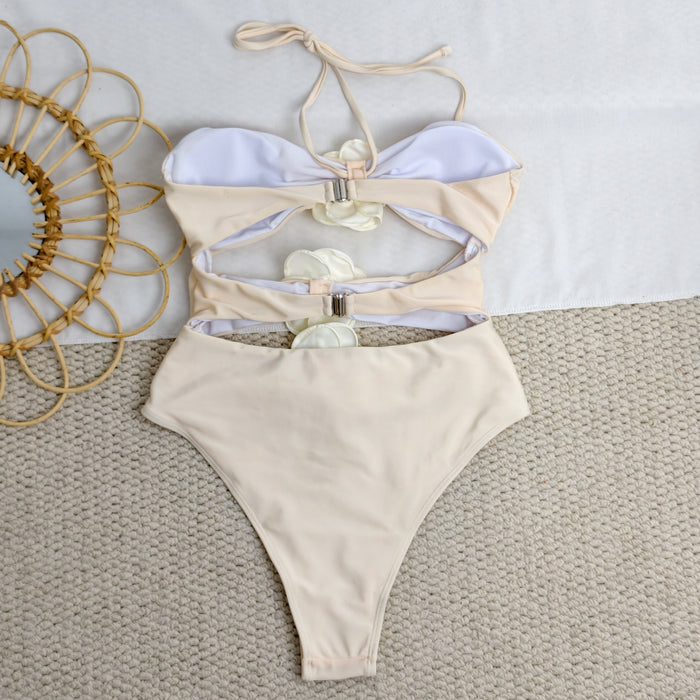 One-piece solid-color floral swimsuit
