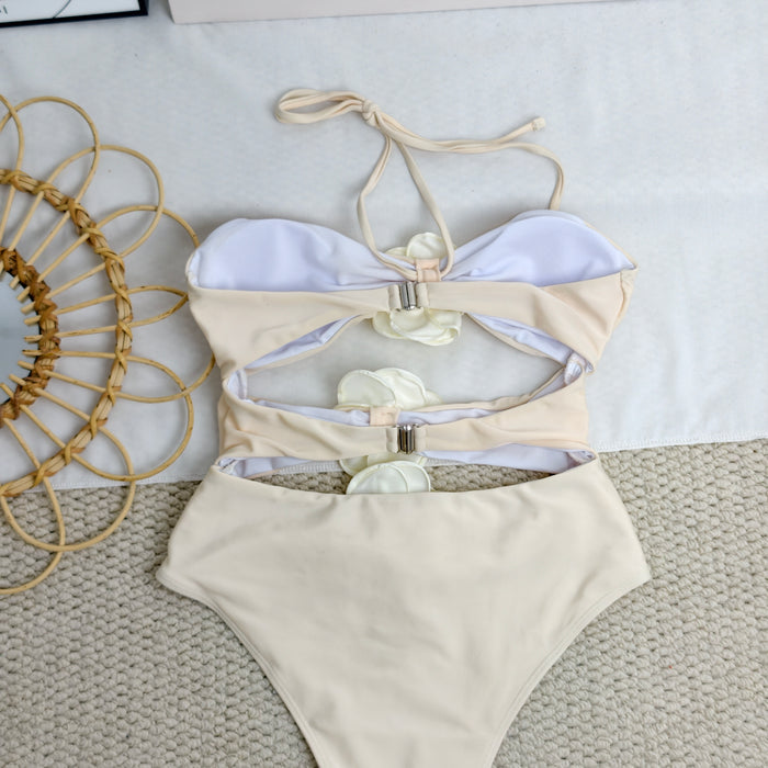 One-piece solid-color floral swimsuit