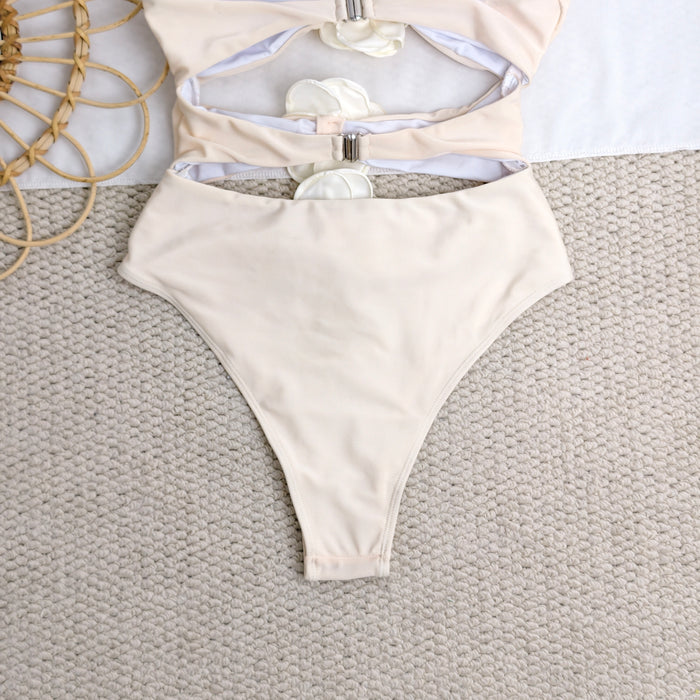 One-piece solid-color floral swimsuit