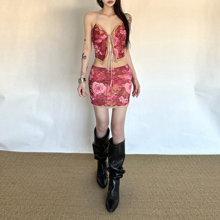 One Shoulder Cutout Top Floral Print Mini Skirt 2pcs Set Pink