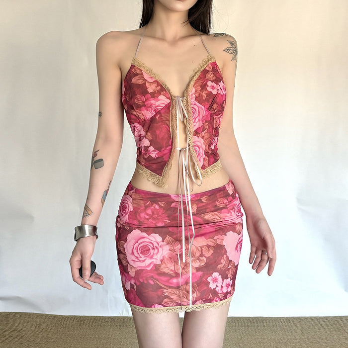 One Shoulder Cutout Top Floral Print Mini Skirt 2pcs Set Pink