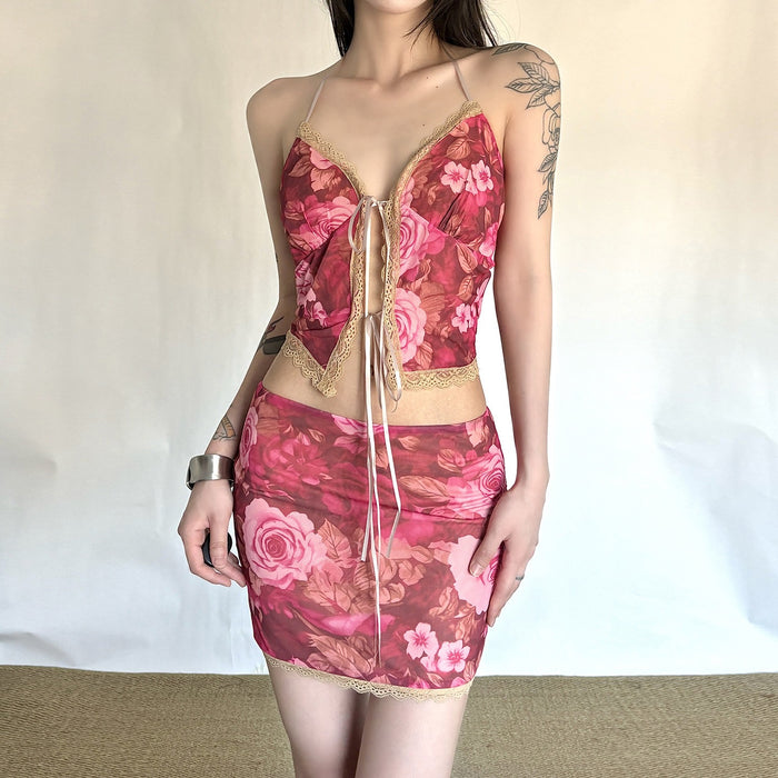 One Shoulder Cutout Top Floral Print Mini Skirt 2pcs Set Pink