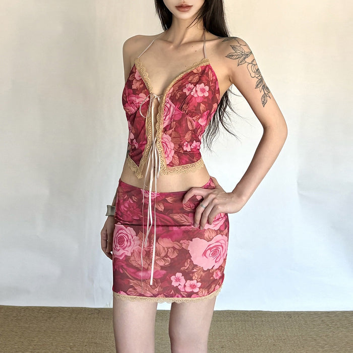 One Shoulder Cutout Top Floral Print Mini Skirt 2pcs Set Pink