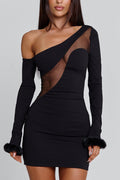 One Shoulder Mesh Fuzzy Hem Bodycon Party Mini Dresses-Black Pre Order